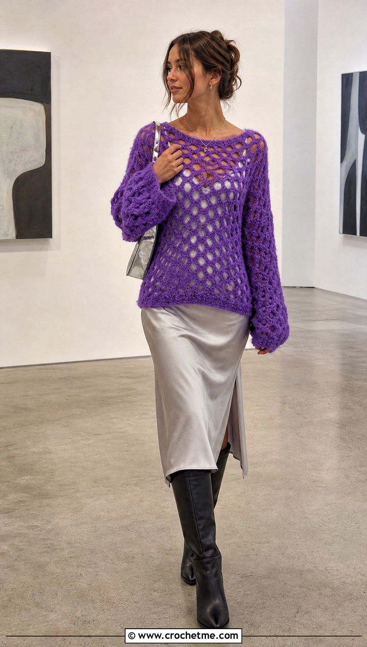 Open Stitch Crochet Chenille Sweater With Slip Dress - 25 crochet chenille sweater outfit ideas