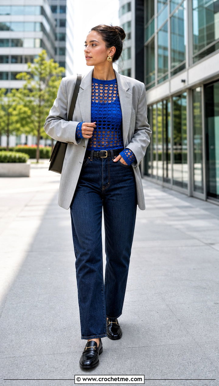 Open Stitch Crochet Cleo Top With Blazer And Jeans - 30 crochet cleo top outfit ideas