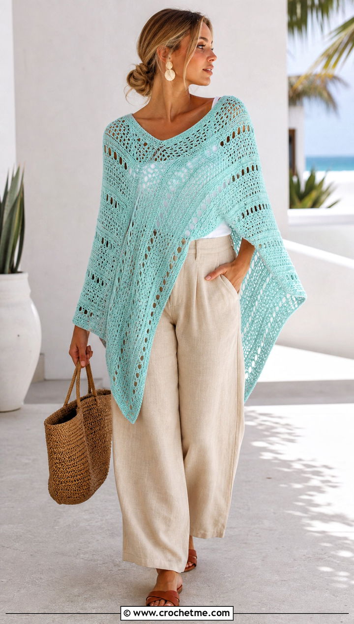 Open Stitch Crochet Clint Eastwood Poncho With Linen Pants - 15 Crochet Clint Eastwood Poncho outfit ideas