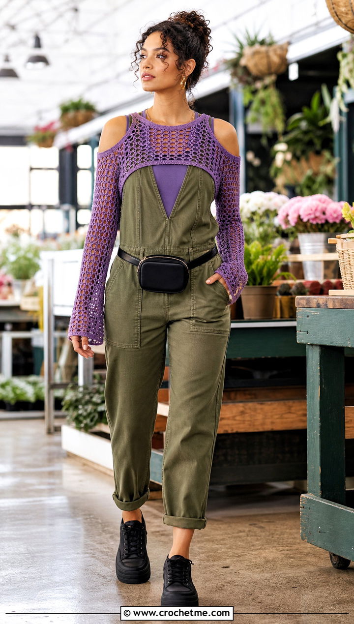 Open Stitch Crochet Cold Shoulder Sweater With Utility Jumpsuit - 25 Crochet Cold Shoulder Sweater outfit ideas