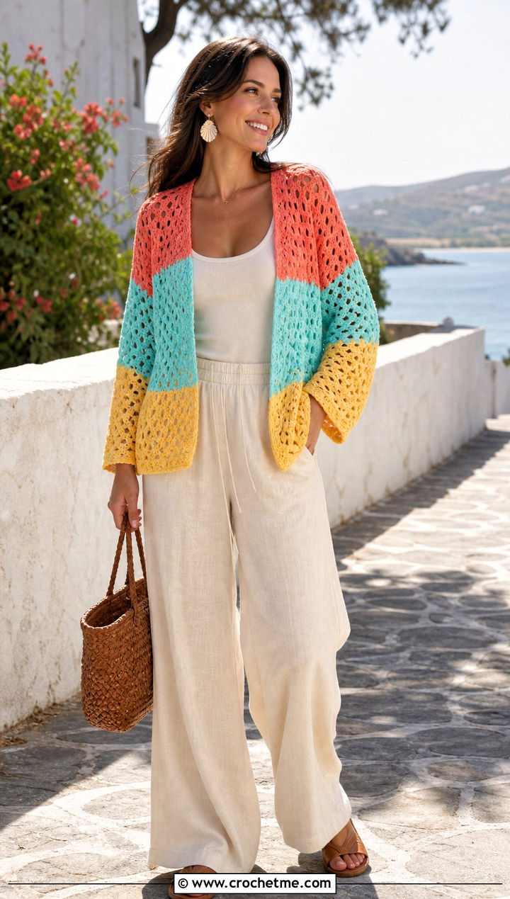 Open Stitch Crochet Colorblock Sweater With Linen Pants - 30 crochet colorblock sweater outfit ideas