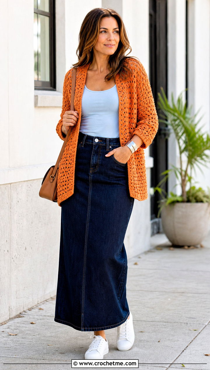 Open Stitch Crochet Couch Sweater With Denim Maxi Skirt - 15 Crochet Couch Sweater outfit ideas