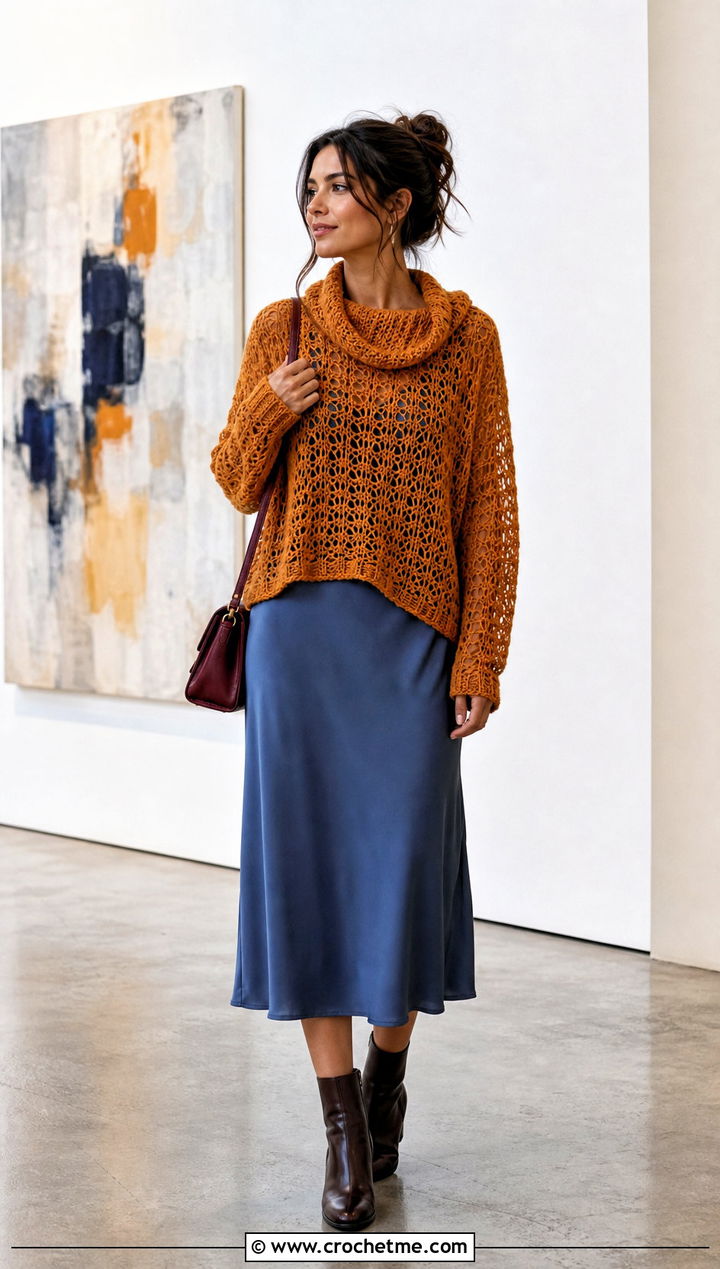Open Stitch Crochet Cowl Neck Sweater With Slip Dress - 25 Crochet Cowl Neck Sweater outfit ideas