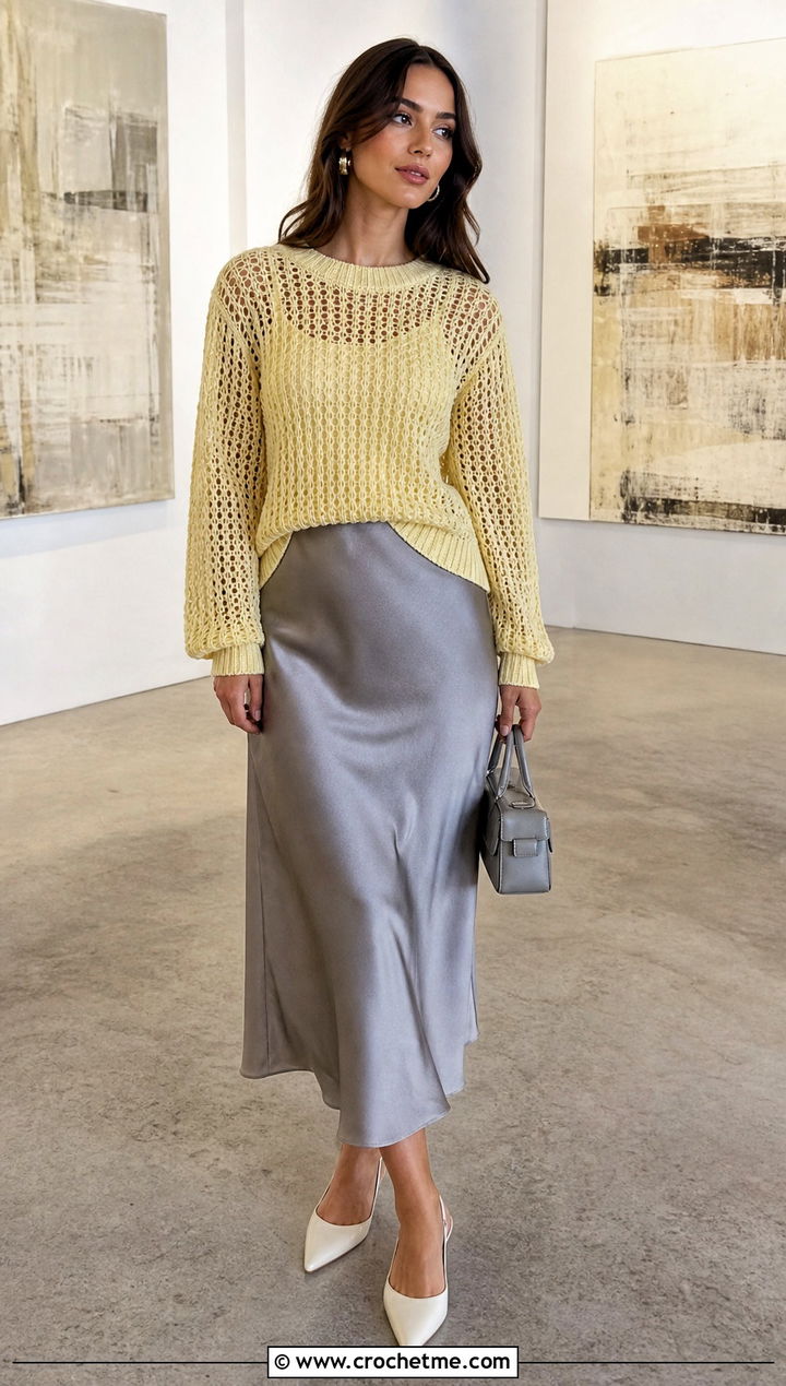 Open Stitch Crochet Crewneck Sweater With Satin Skirt - 15 Anthropologie Crochet Sweater outfit ideas