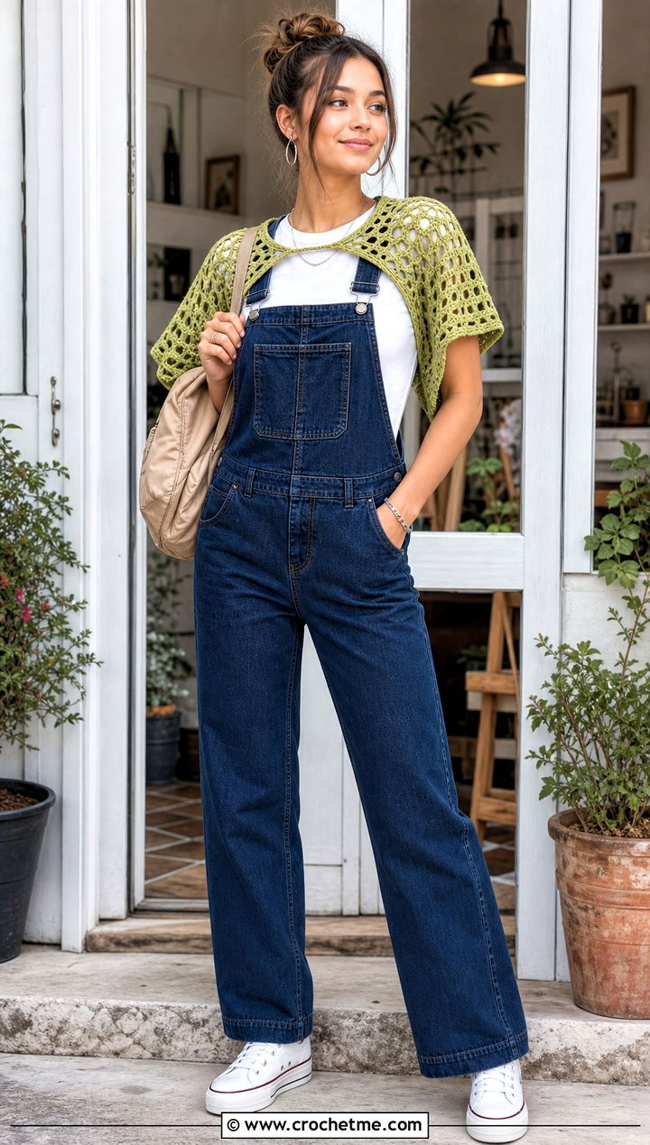 Open Stitch Crochet Cropped Shrug With Denim Overalls - 25 Crochet Cropped Shrug outfit ideas