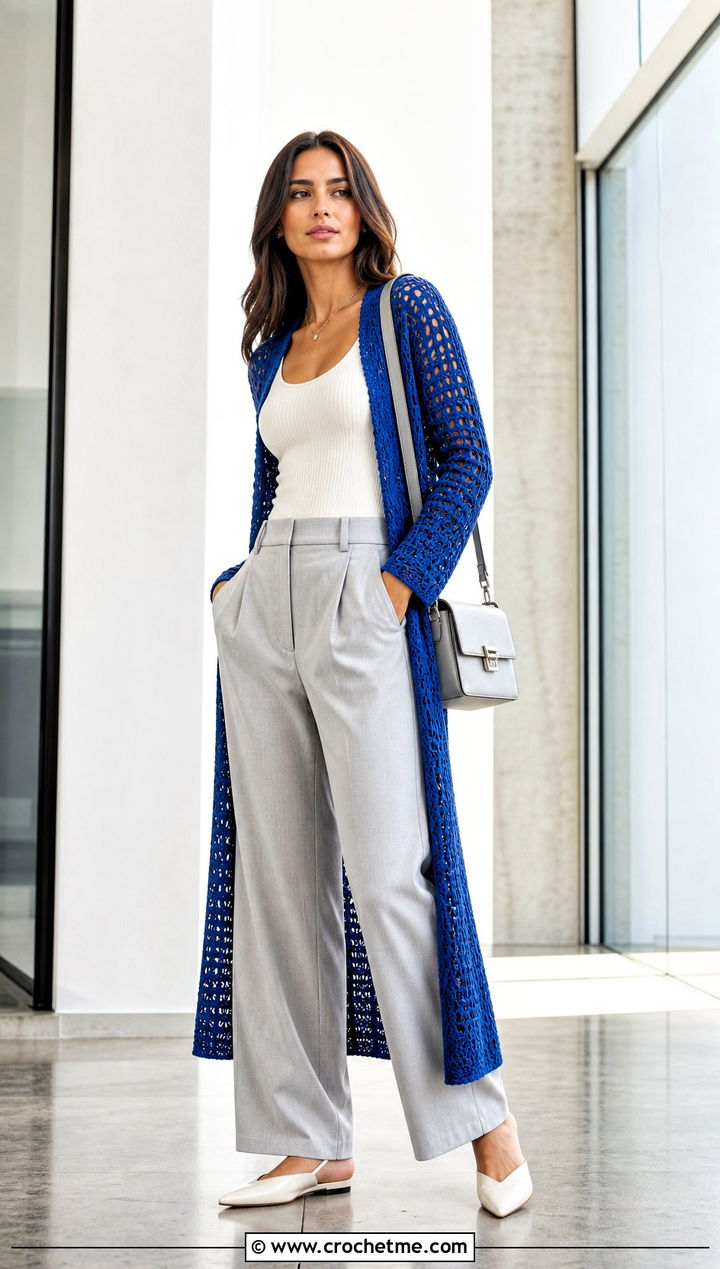 Open Stitch Crochet Duster With Wide Leg Trousers - 20 Easy Crochet Long Cardigan outfit ideas