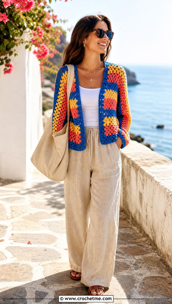 Open Stitch Crochet Granny Stripe Sweater With Linen Pants - 25 Crochet Granny Stripe Sweater outfit ideas