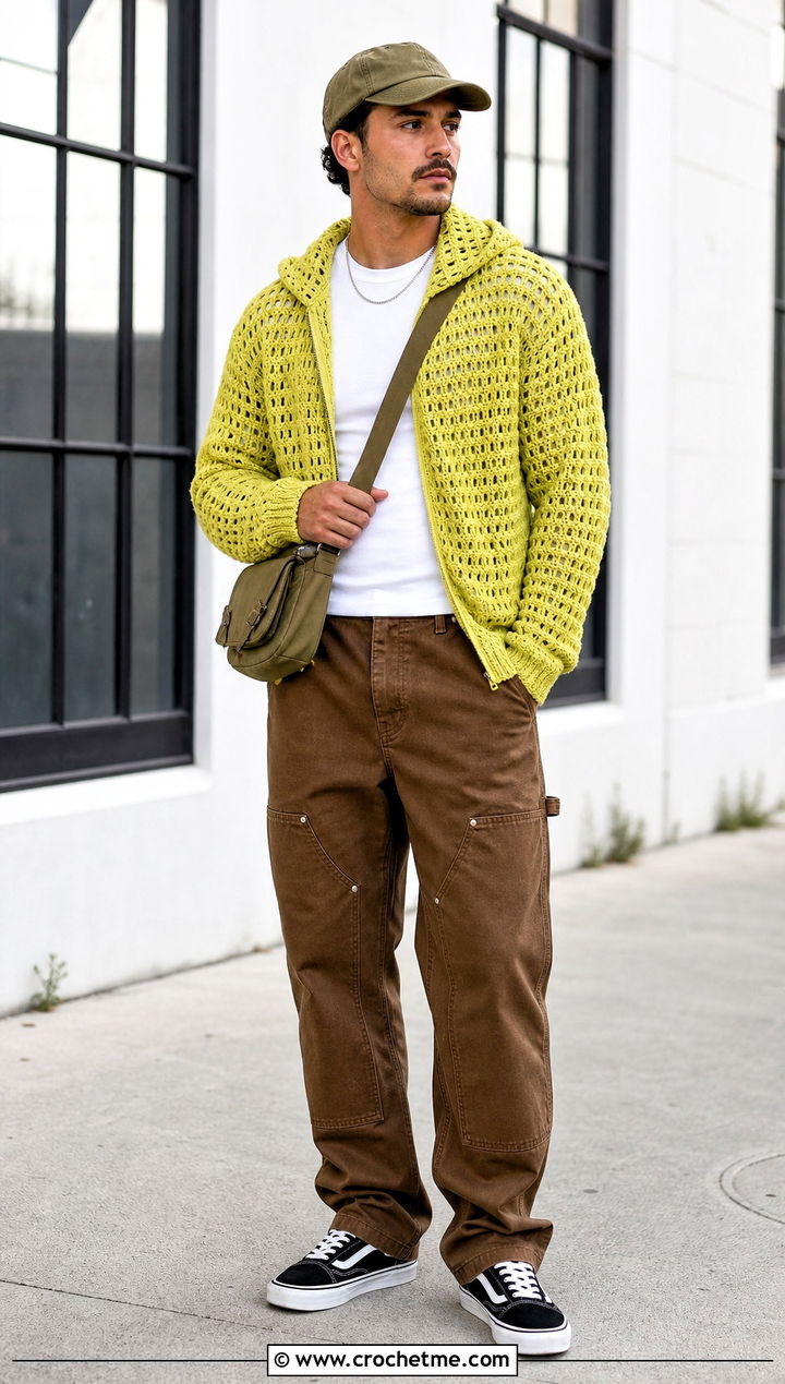 Open Stitch Crochet Hoodie With Double Knee Pants - 35 crochet hoodie for men outfit ideas