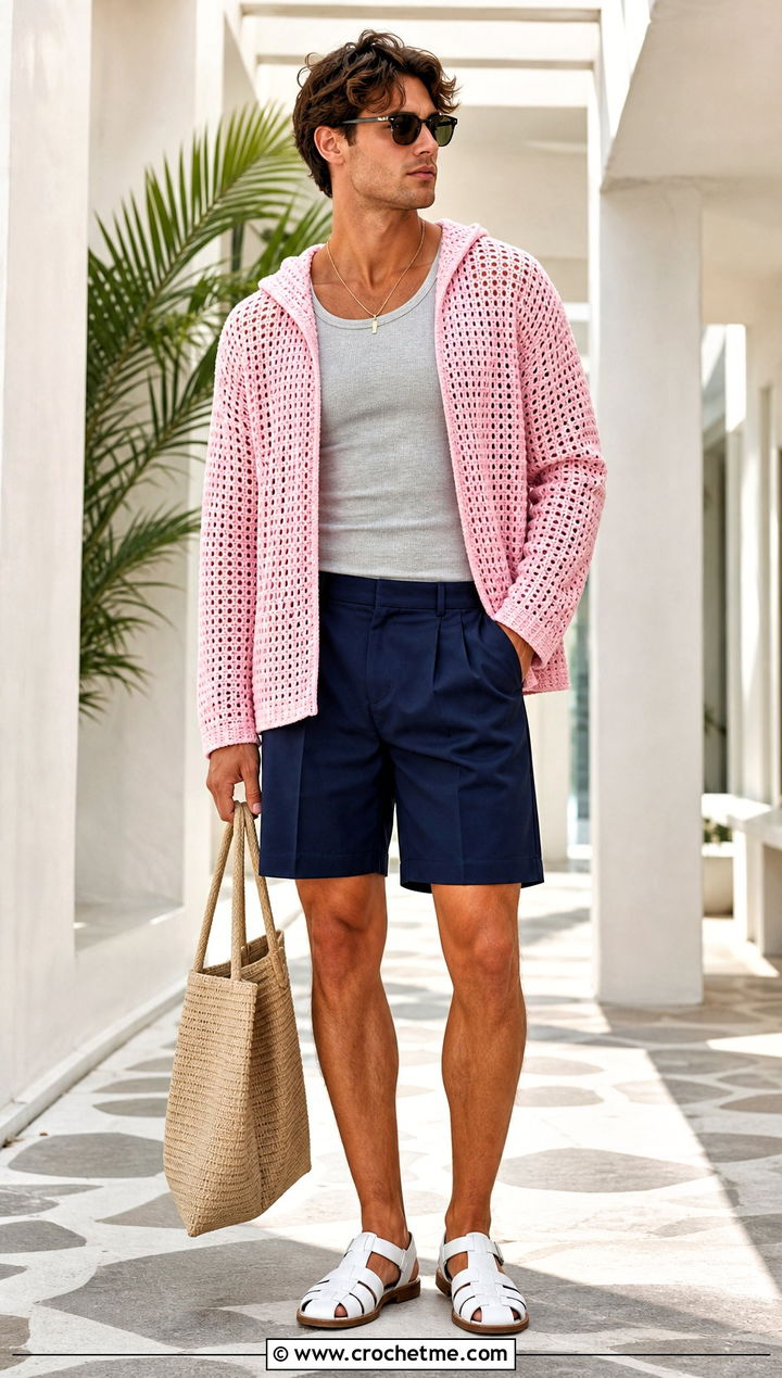 Open Stitch Crochet Hoodie With Pleated Shorts - 30 Crochet Hoodies For Men outfit ideas