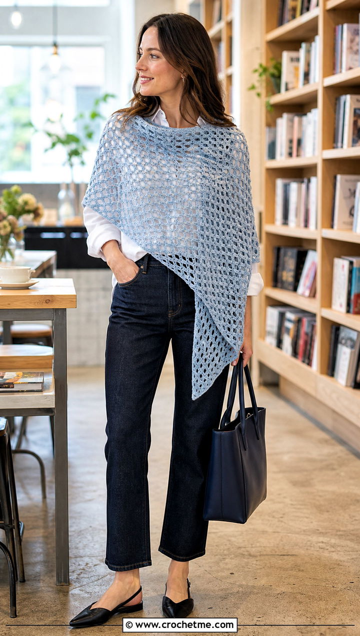 Open Stitch Crochet Katniss Shawl With White Shirt And Jeans - 20 Crochet Katniss Shawl outfit ideas