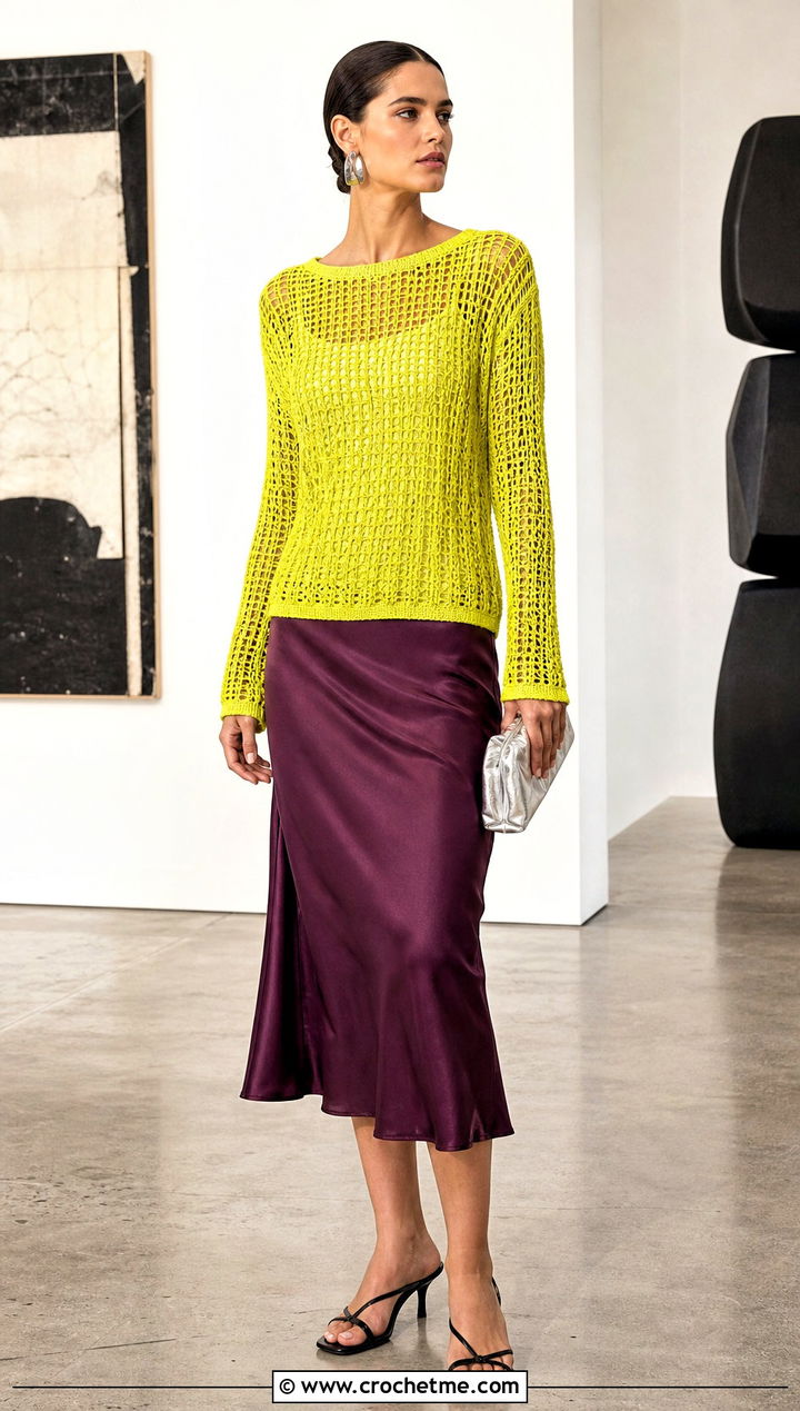 Open Stitch Crochet Lemon Sweater With Satin Slip Skirt - 25 Crochet Lemon Sweater outfit ideas