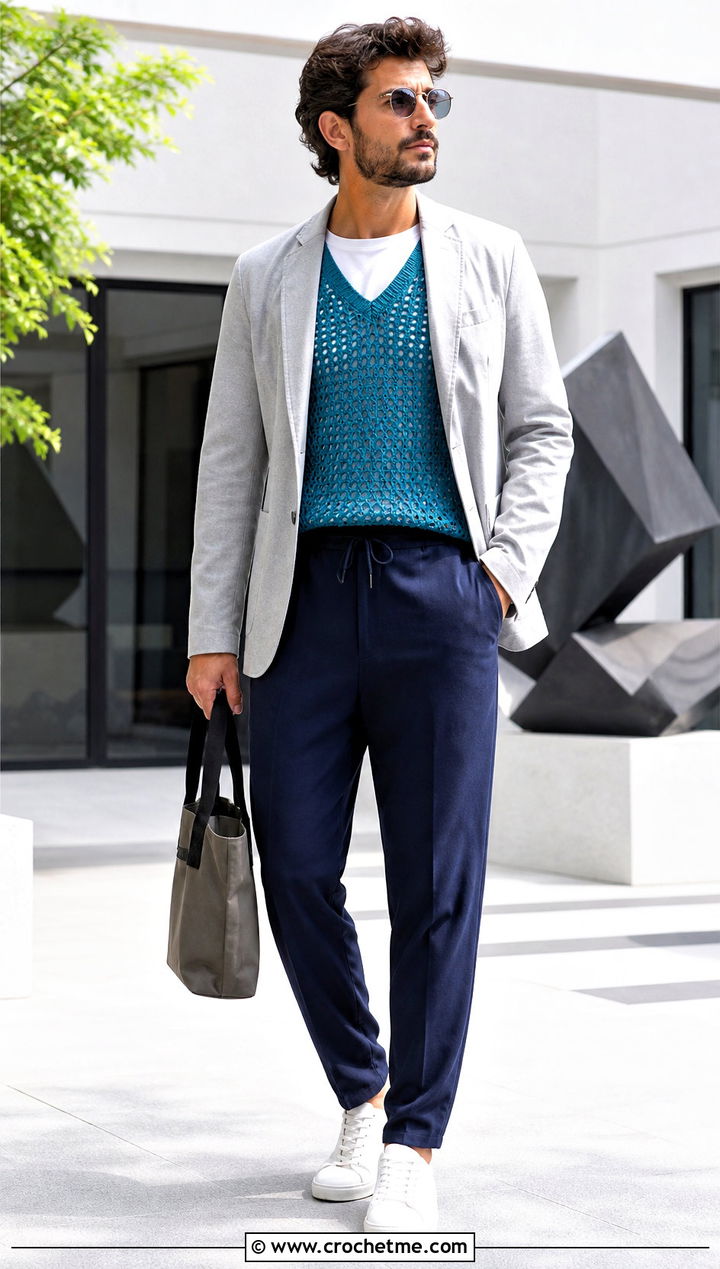 Open Stitch Crochet Mens Sweater Vest With Blazer - 25 crochet mens sweater vest outfit ideas