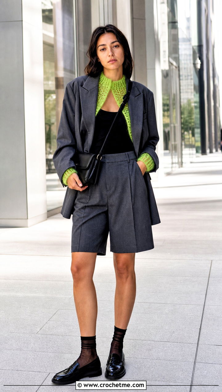 Open Stitch Crochet Mohair Bolero With Blazer And Shorts - 30 crochet mohair bolero outfit ideas