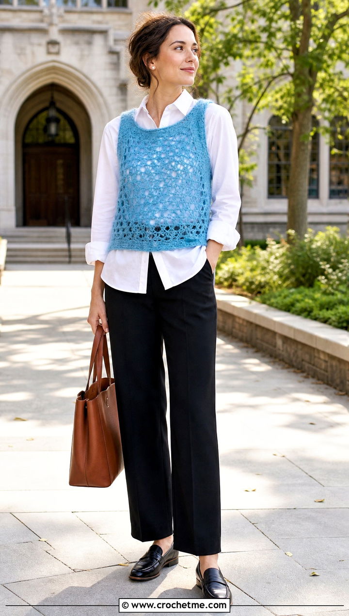 Open Stitch Crochet Mohair Tank Top Over A Button Down Shirt - 25 Crochet Mohair Tank Top outfit ideas