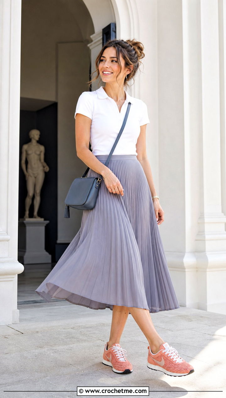 Open Stitch Crochet Nike Daybreak With Pleated Midi Skirt - 35 crochet nike shoes outfit ideas