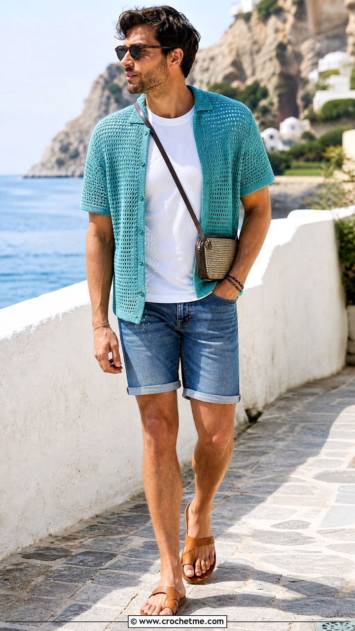 Open Stitch Crochet Overshirt With T Shirt And Denim Shorts - 35 crochet top for men outfit ideas
