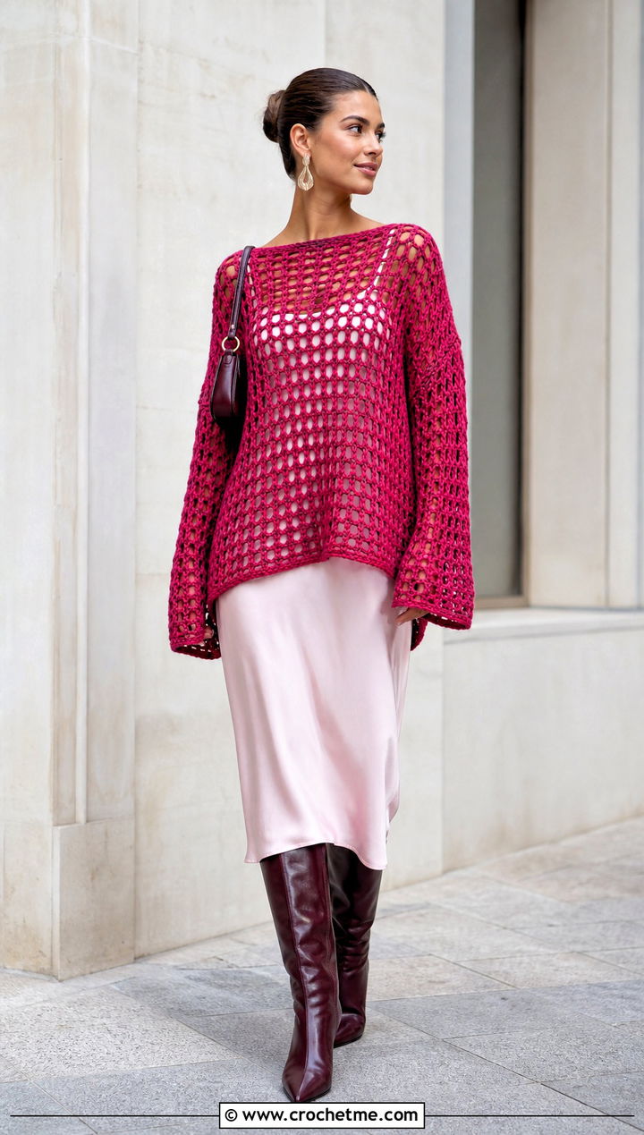Open Stitch Crochet Oversize Sweater With Slip Dress - 20 Crochet Oversize Sweater outfit ideas