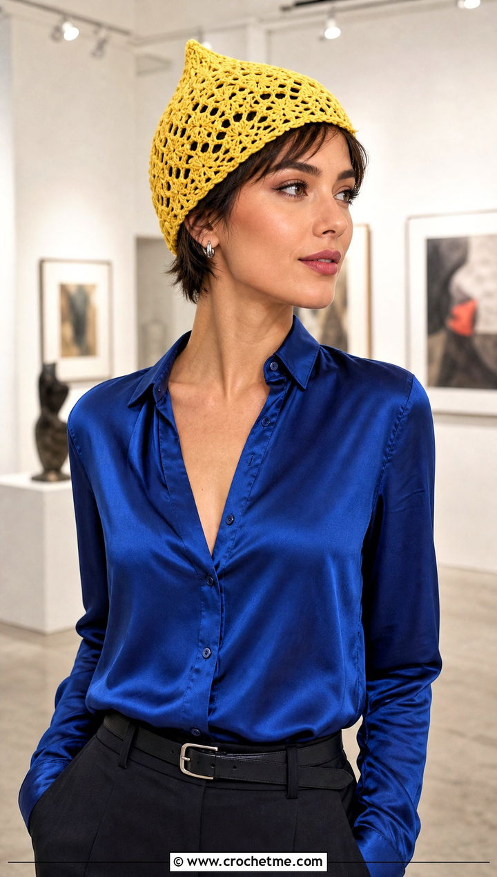 Open Stitch Crochet Pixie Hat With Satin Blouse - 30 crochet pixie hat outfit ideas