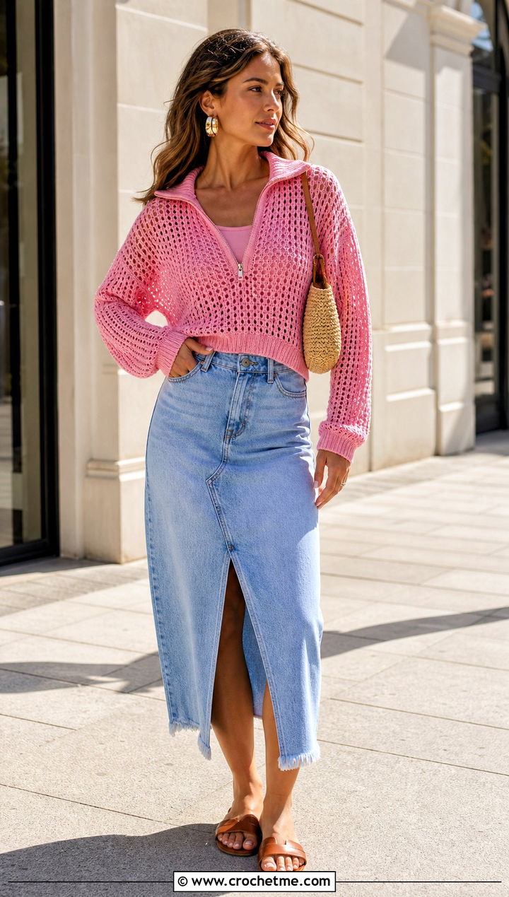 Open Stitch Crochet Quarter Zip Sweater With Denim Midi Skirt - 20 crochet quarter zip sweater outfit ideas