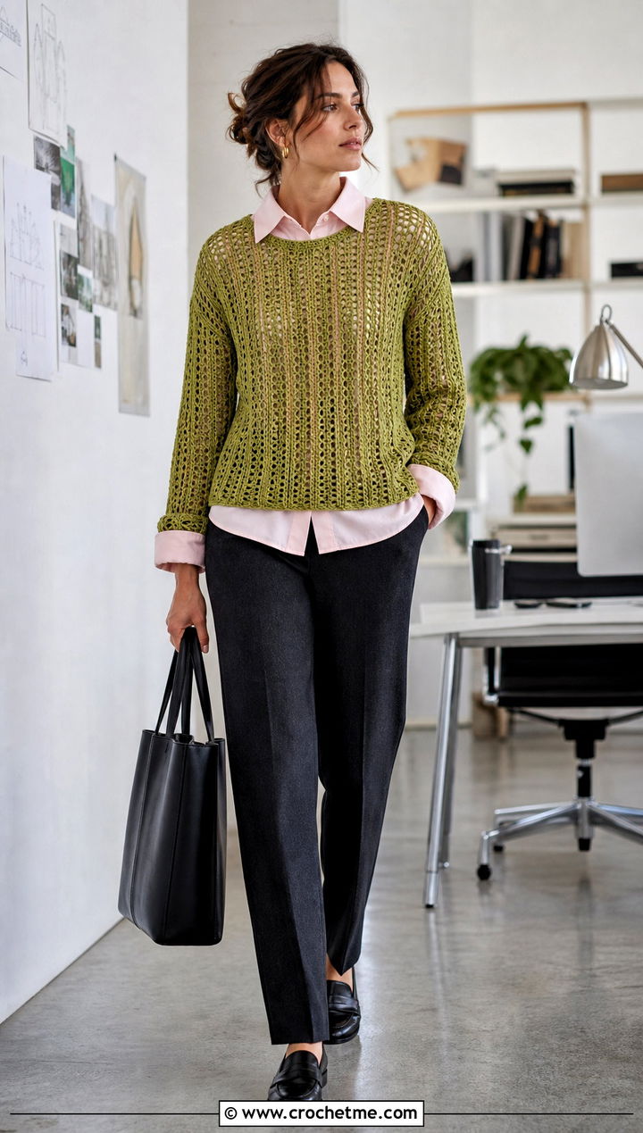 Open Stitch Crochet Ribbed Sweater With Poplin Shirt - 35 crochet ribbed sweater outfit ideas