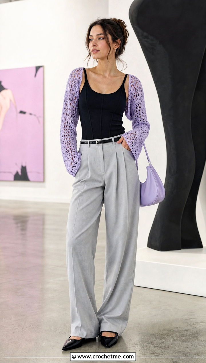 Open Stitch Crochet Shrug With Corset Top And Trousers - 25 Crochet Shrug Sleeves outfit ideas