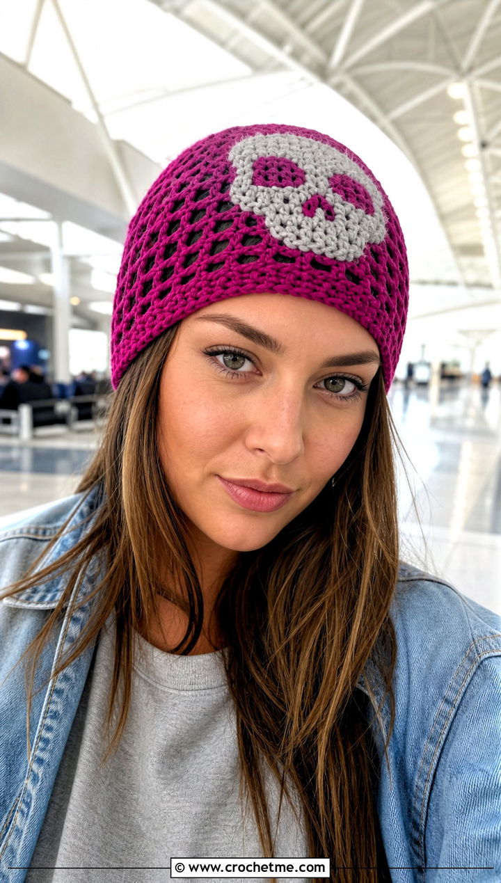 Open Stitch Crochet Skull Beanie With Airport Outfit - 30 crochet skull beanie outfit ideas