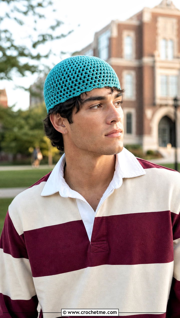 Open Stitch Crochet Skull Cap With Rugby Shirt And Khakis - 25 Mens Crochet Skull Cap outfit ideas