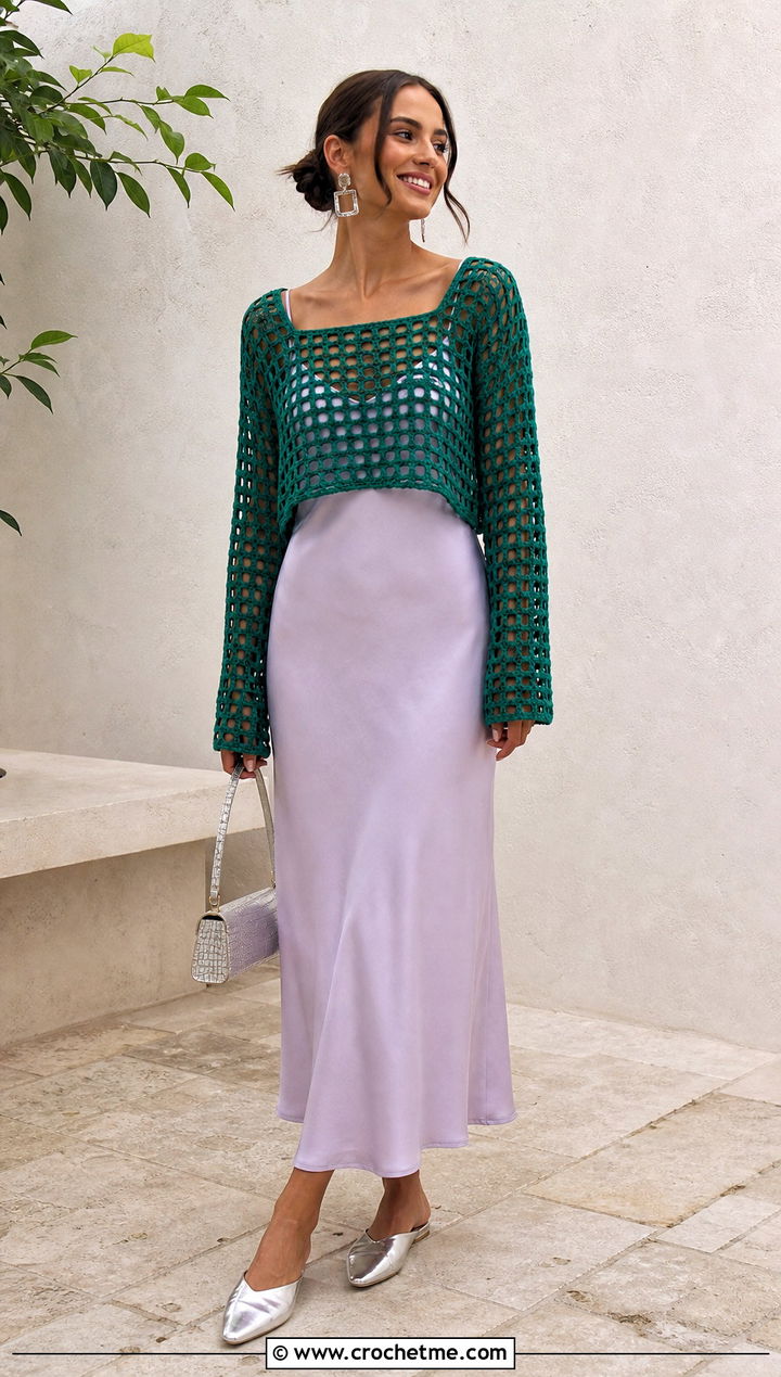 Open Stitch Crochet Square Neck Top With Slip Dress - 35 crochet square neck top outfit ideas