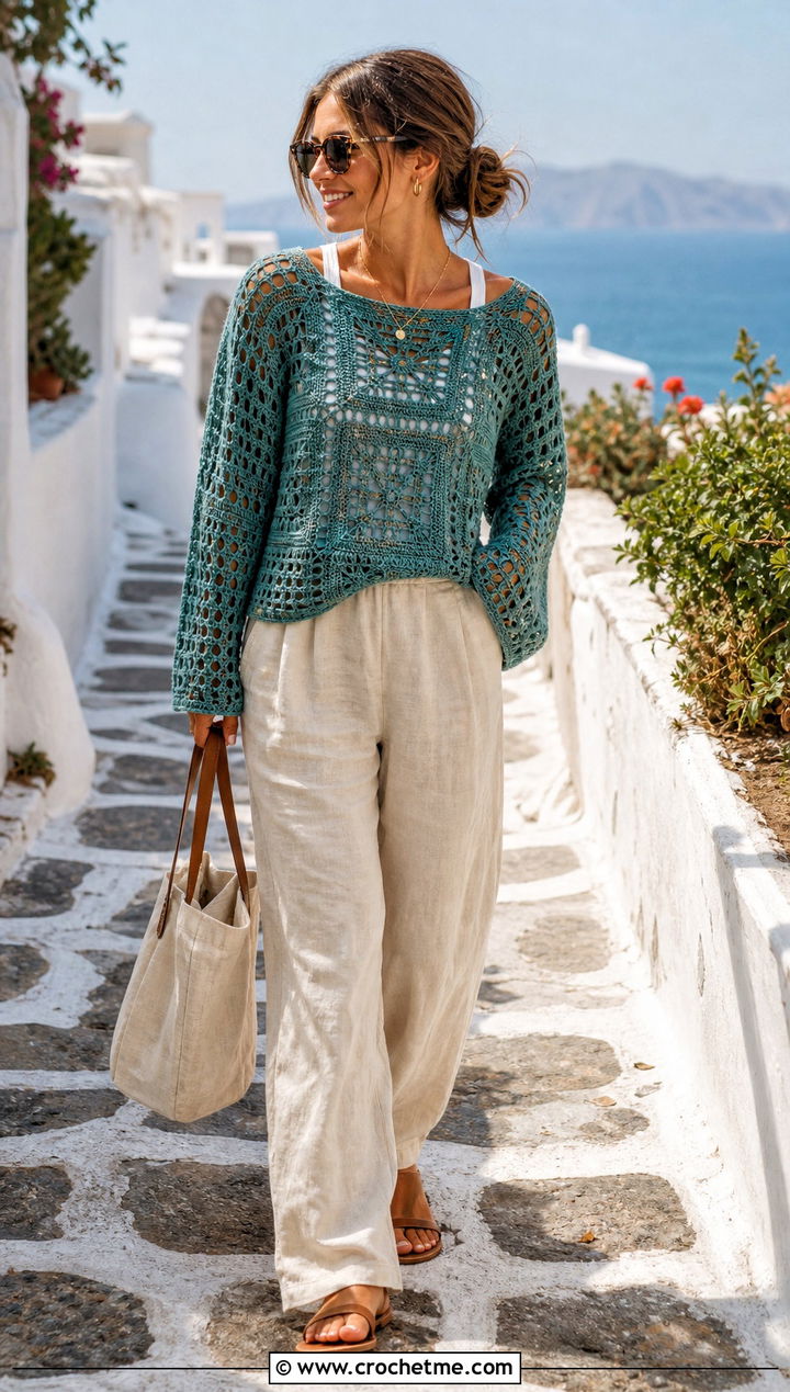 Open Stitch Crochet Square Sweater With Linen Pants - 35 Crochet Square Sweater outfit ideas