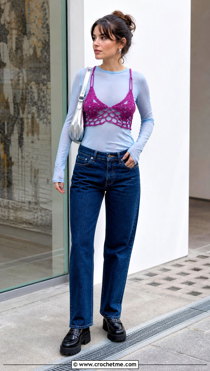 Open Stitch Crochet Star Bra Over Mesh Top - 30 crochet star bra outfit ideas