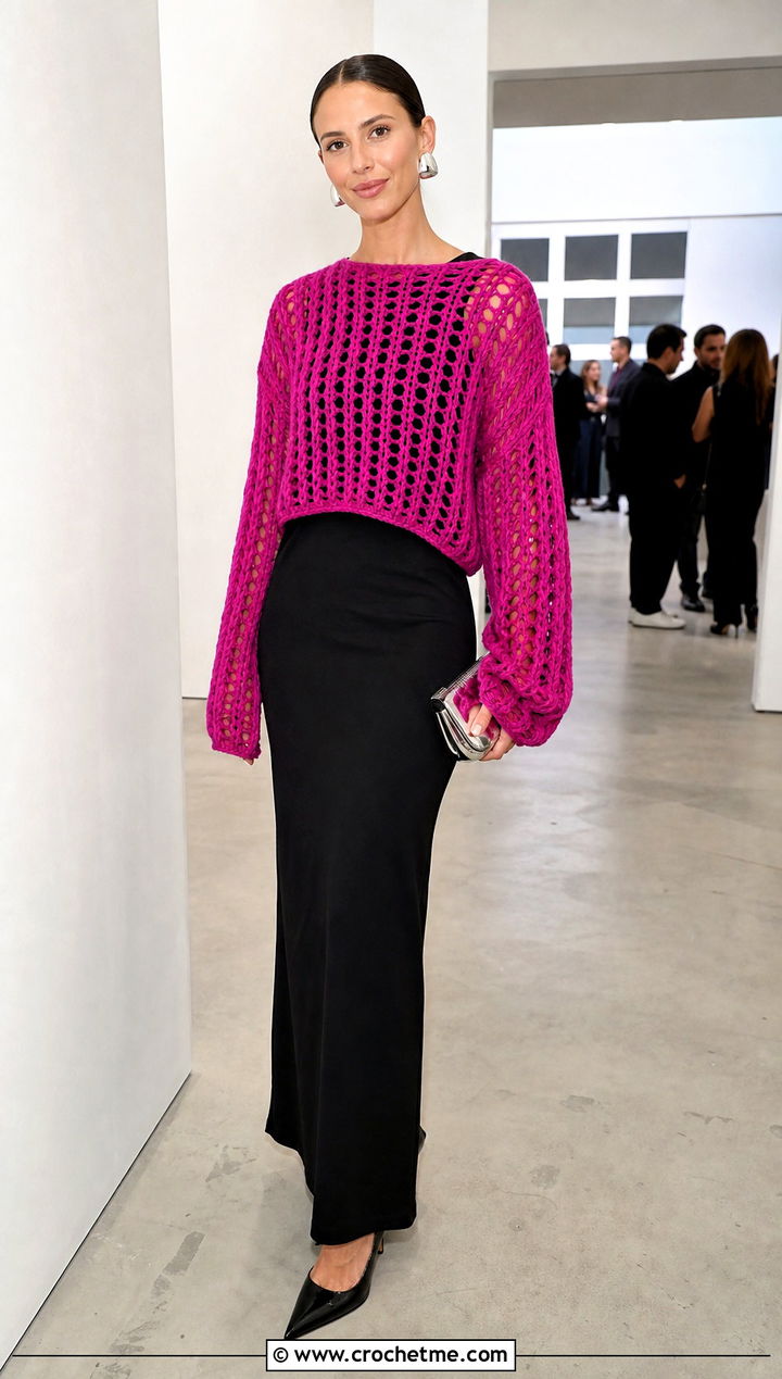 Open Stitch Crochet Sweater Over A Column Dress - 15 adult crochet sweater outfit ideas