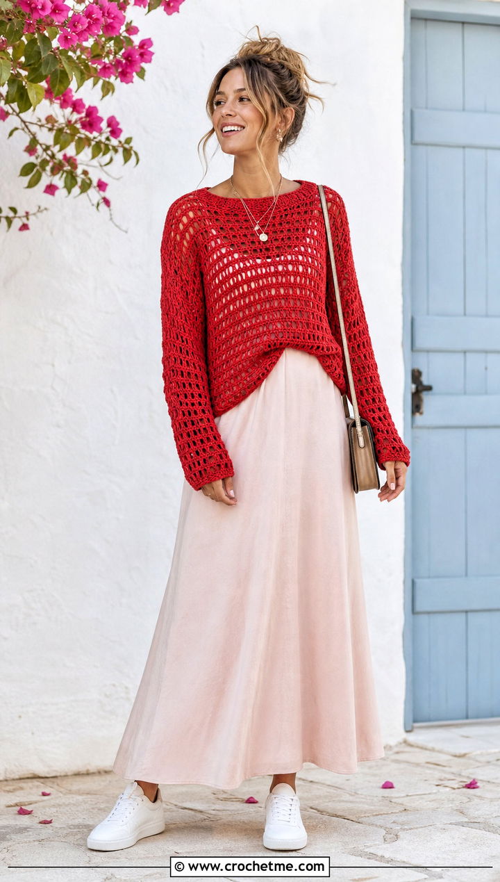 Open Stitch Crochet Sweater Over A Maxi Dress - 25 Crochet Quick Sweater outfit ideas