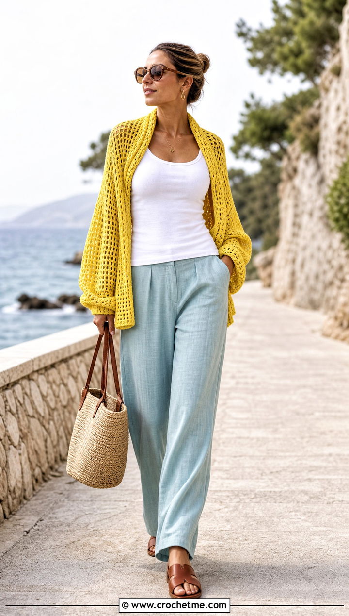 Open Stitch Crochet Sweater Scarf With Sleeves And Linen Set - 25 crochet sweater scarf with sleeves outfit ideas