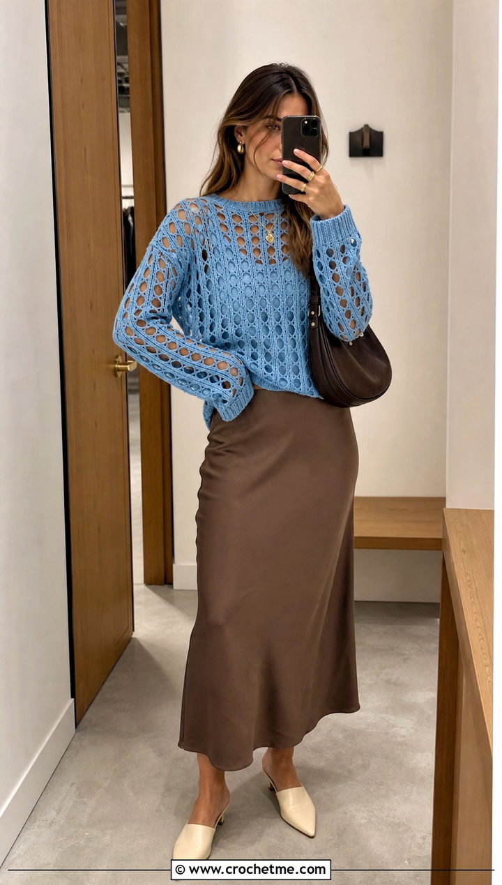 Open Stitch Crochet Sweater With Bias Cut Skirt - 25 crochet sweater and skirt outfit ideas