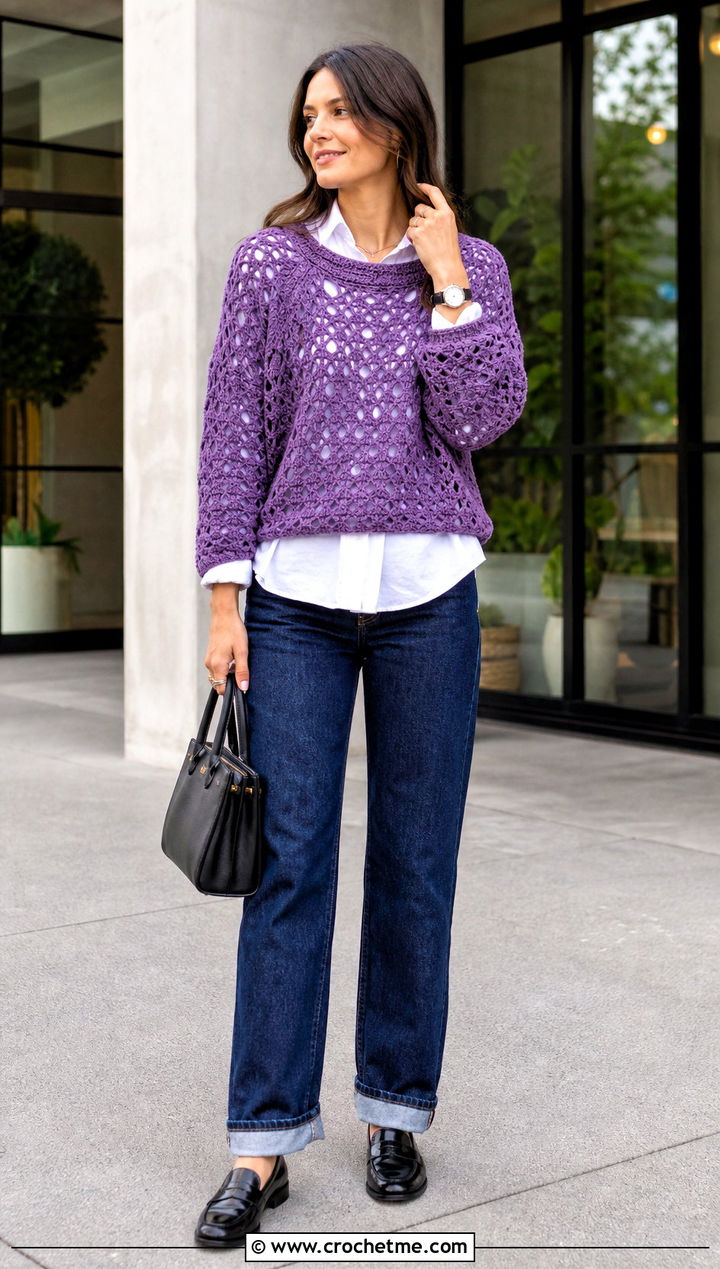 Open Stitch Crochet Sweater With Button Down Shirt - 20 Crochet Ladies Sweater outfit ideas