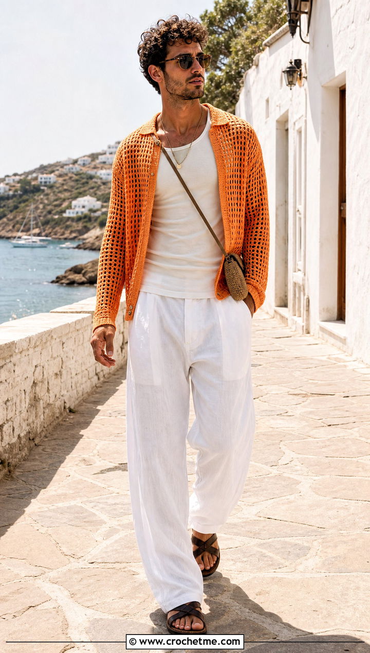 Open Stitch Crochet Sweater With Linen Pants - 30 male crochet sweater outfit ideas