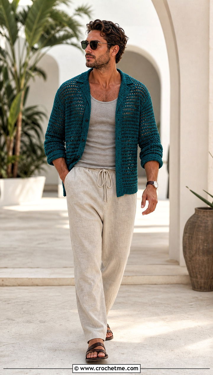Open Stitch Crochet Sweater With Linen Trousers - 15 Crochet Mens Sweaters outfit ideas