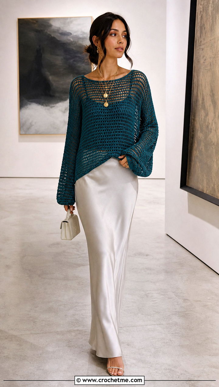 Open Stitch Crochet Sweater With Satin Maxi Skirt - 15 Boho Style Crochet Sweater outfit ideas