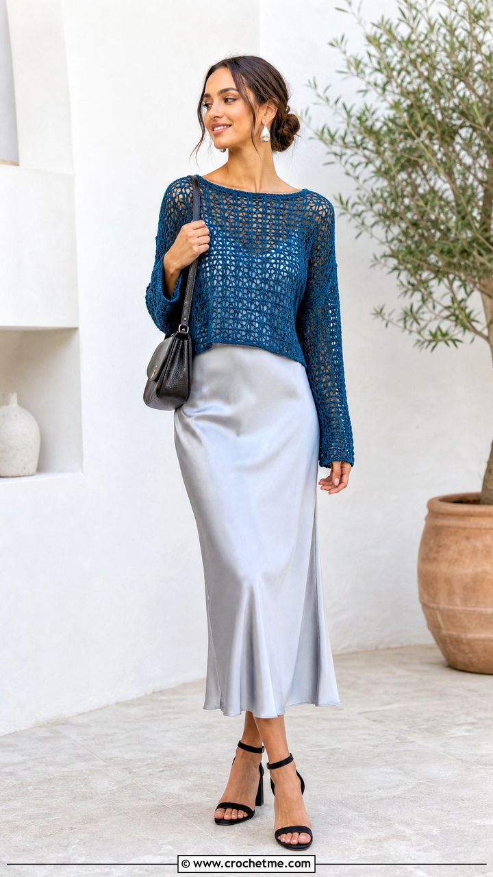 Open Stitch Crochet Sweater With Slip Dress - 35 easy crochet sweater outfit ideas