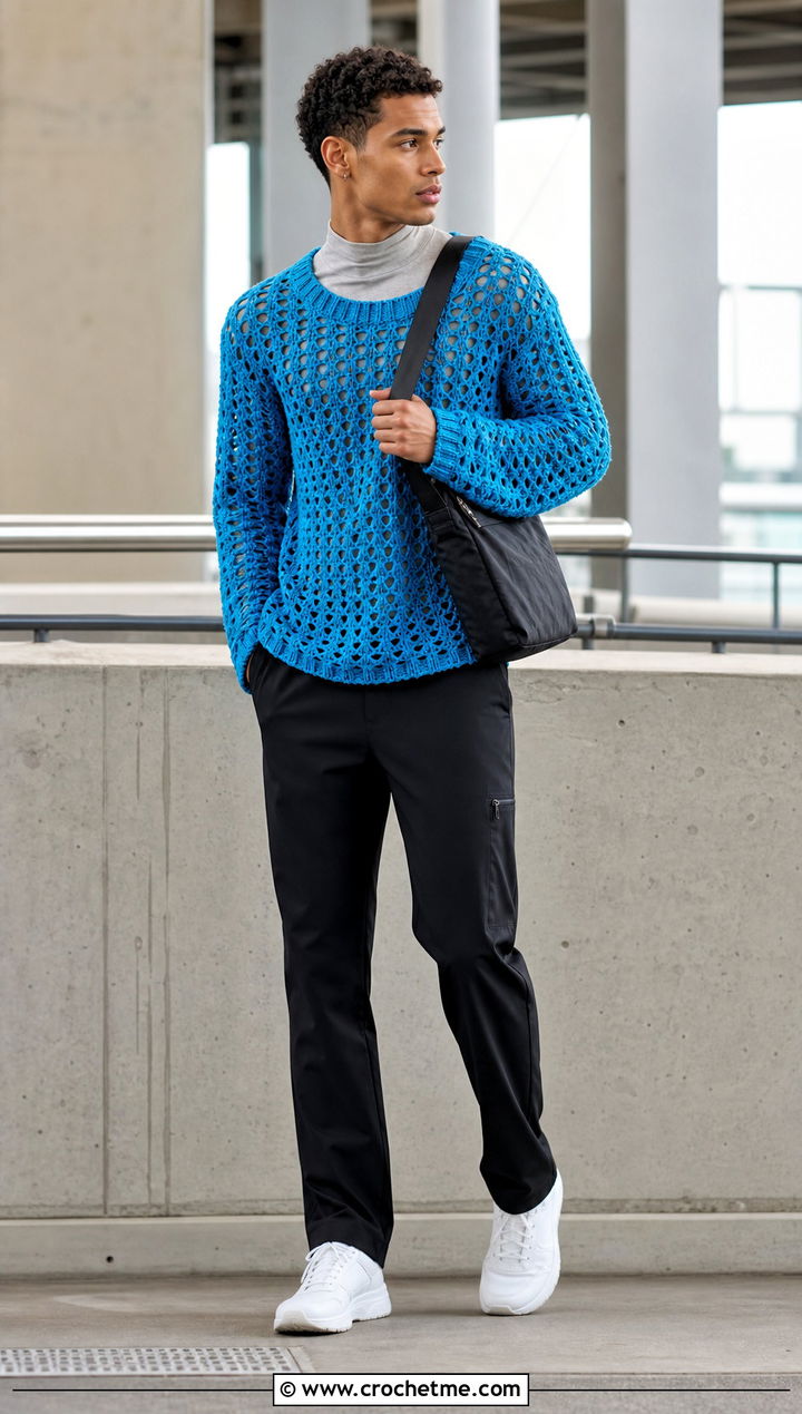 Open Stitch Crochet Sweater With Tech Pants - 25 crochet clothes men ideas
