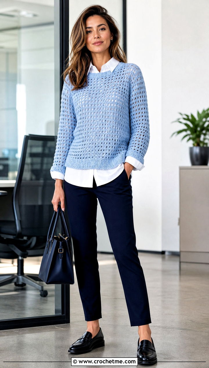 Open Stitch Crochet Sweater With White Button Down Shirt - 25 Valentines Day Crochet Sweater outfit ideas