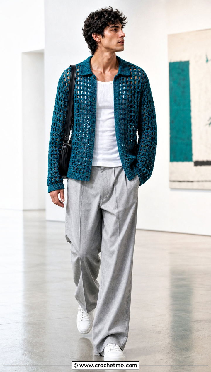 Open Stitch Crochet Sweater With Wide Leg Pants - 25 crochet men's clothes and outfit ideas