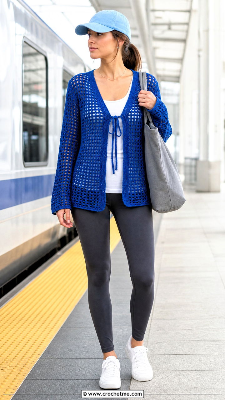 Open Stitch Crochet Tie Cardigan With Tank And Leggings - 35 crochet tie top outfit ideas