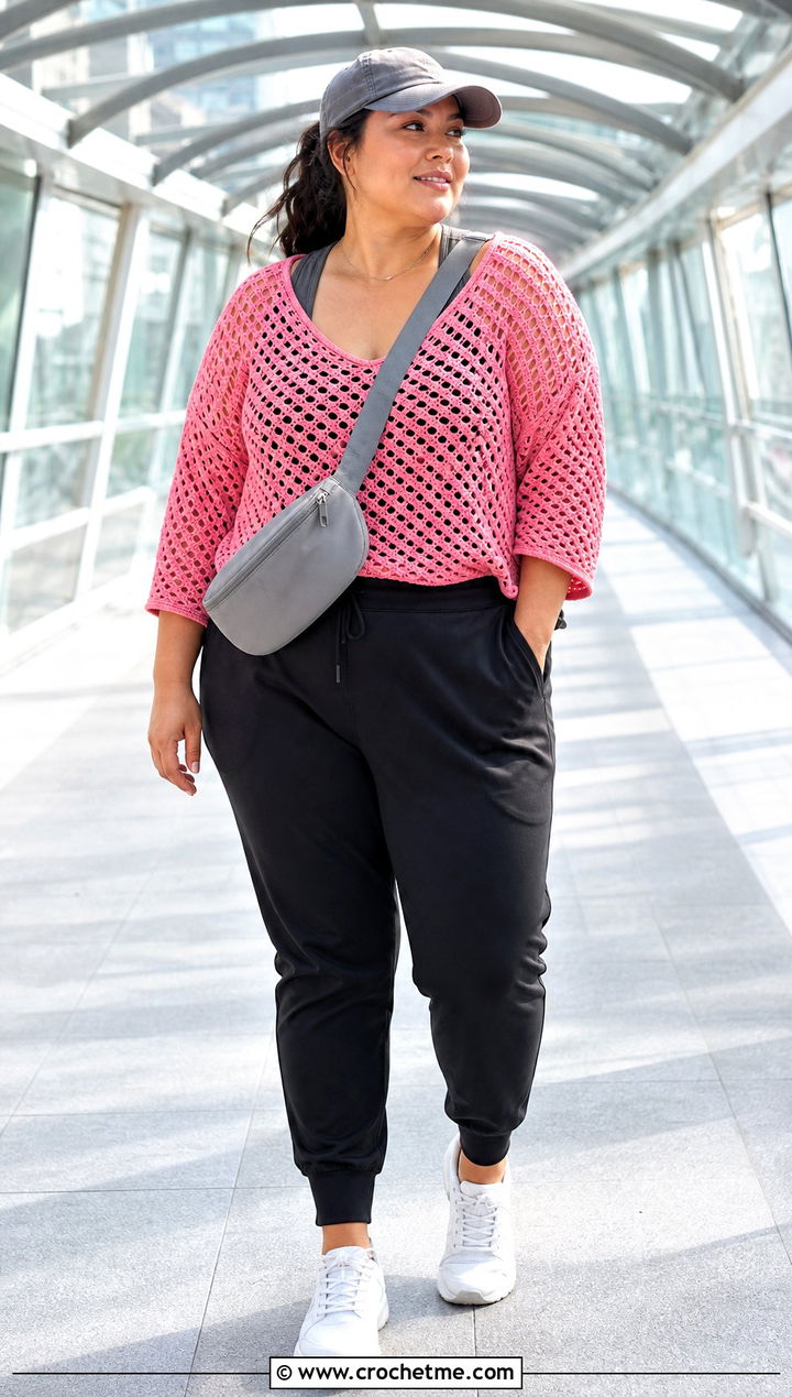 Open Stitch Crochet Top With Joggers - 35 plus size crochet top outfit ideas