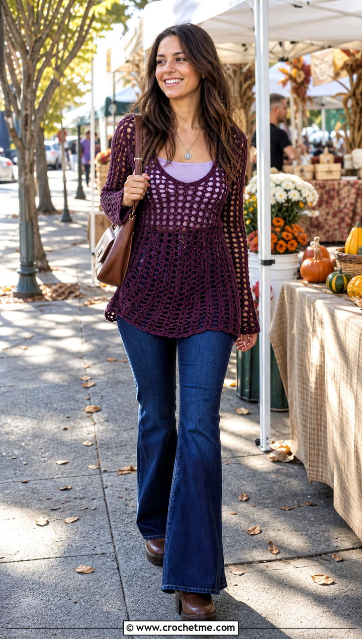 Open Stitch Crochet Tunic Sweater With Flared Jeans - 15 Open Knit Crochet Sweater outfit ideas