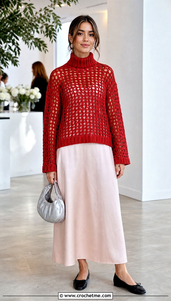 Open Stitch Crochet Turtleneck Sweater Over a Slip Dress - 30 crochet turtleneck sweater outfit ideas