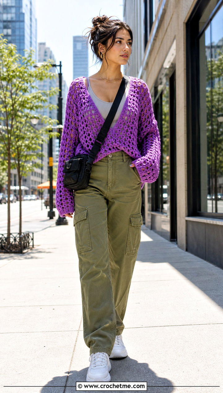 Open Stitch Crochet V Neck Sweater With Cargo Pants - 30 bulky yarn crochet sweater outfit ideas