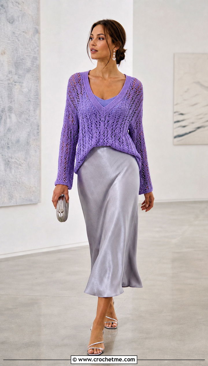 Open Stitch Crochet V Neck Sweater With Satin Slip Skirt - 25 Crochet Vneck Sweater outfit ideas