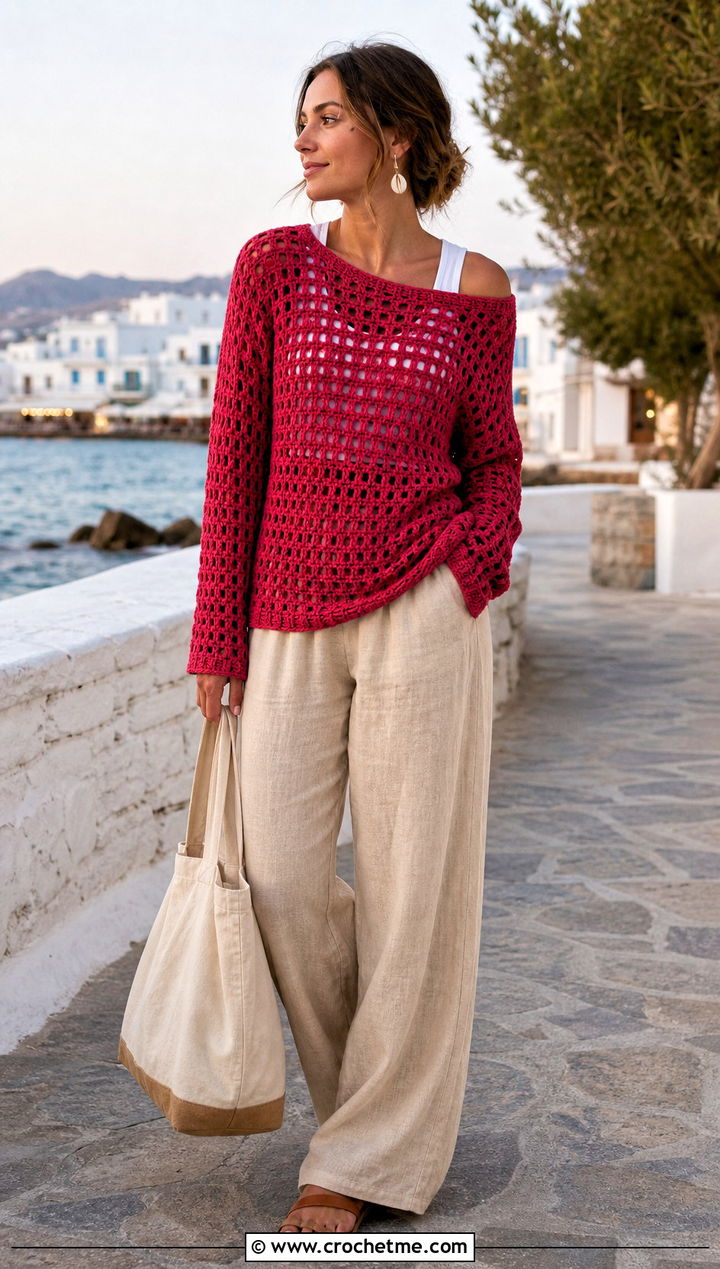 Open Stitch Crochet Velvet Sweater With Linen Pants - 20 Crochet Velvet Sweater outfit ideas