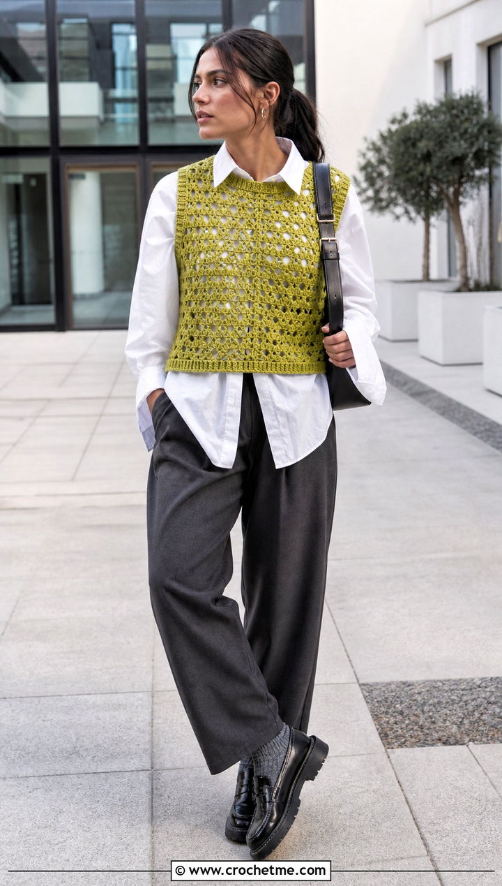 Open Stitch Crochet Vest Top With White Shirt - 35 grunge crochet top outfit ideas